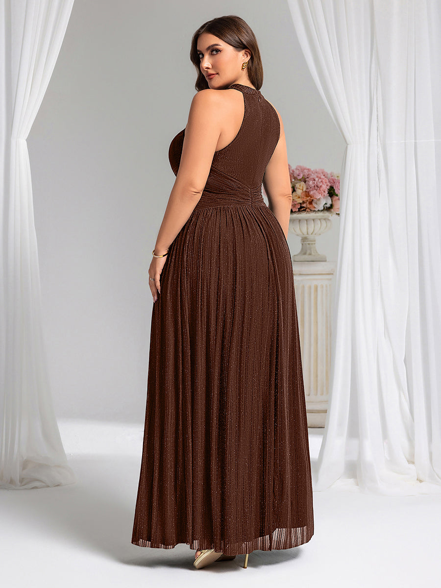 Halter Neck Pleated Glittery Formal Evening Dress with Empire Waist