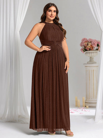 Halter Neck Pleated Glittery Formal Evening Dress with Empire Waist
