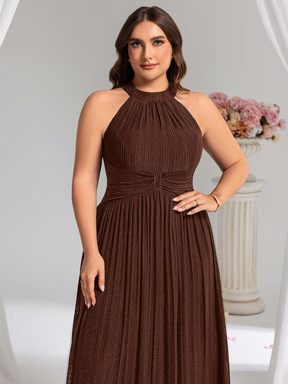 Halter Neck Pleated Glittery Formal Evening Dress with Empire Waist