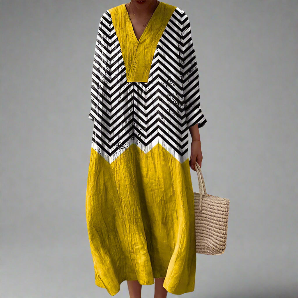 Fabrine | Modern Geometric V-Neck Dress — Yellow — Alfa Empire, view 1