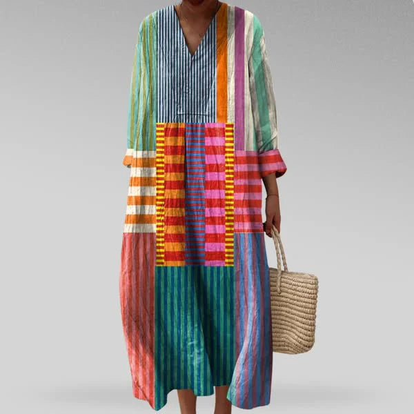 Fabrine | Modern Geometric V-Neck Dress — Multicolor — Alfa Empire, view 3