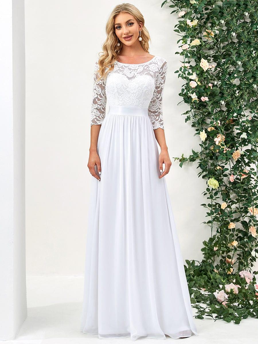 Lace See-Through Floor-Length Chiffon Evening Dress with Half Sleeve — White