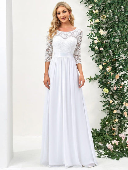 Lace See-Through Floor-Length Chiffon Evening Dress with Half Sleeve — White