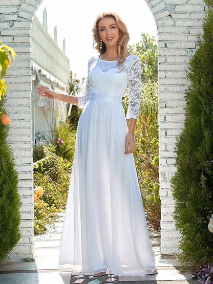 Lace See-Through Floor-Length Chiffon Evening Dress with Half Sleeve