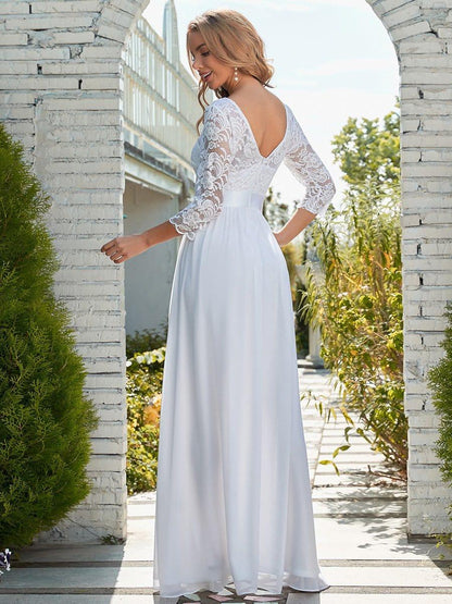 Lace See-Through Floor-Length Chiffon Evening Dress with Half Sleeve