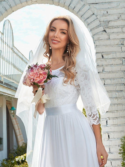 Lace See-Through Floor-Length Chiffon Evening Dress with Half Sleeve
