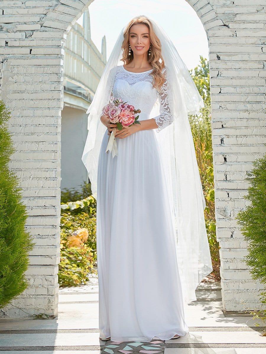 Lace See-Through Floor-Length Chiffon Evening Dress with Half Sleeve
