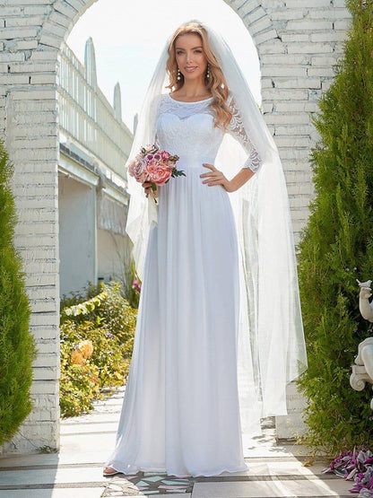 Lace See-Through Floor-Length Chiffon Evening Dress with Half Sleeve