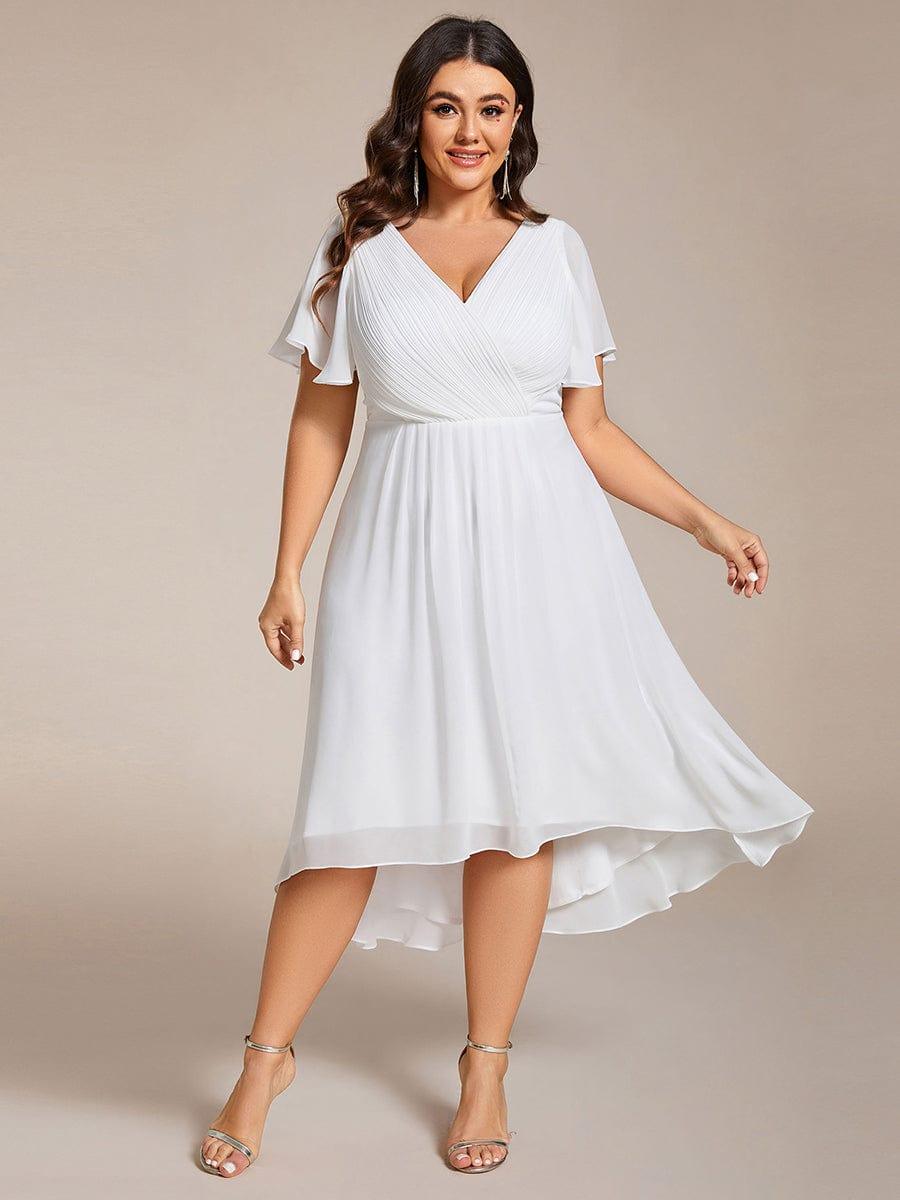 Plus Size Chiffon Double V-Neck Ruffle Sleeve Midi Wedding Guest Dress — White
