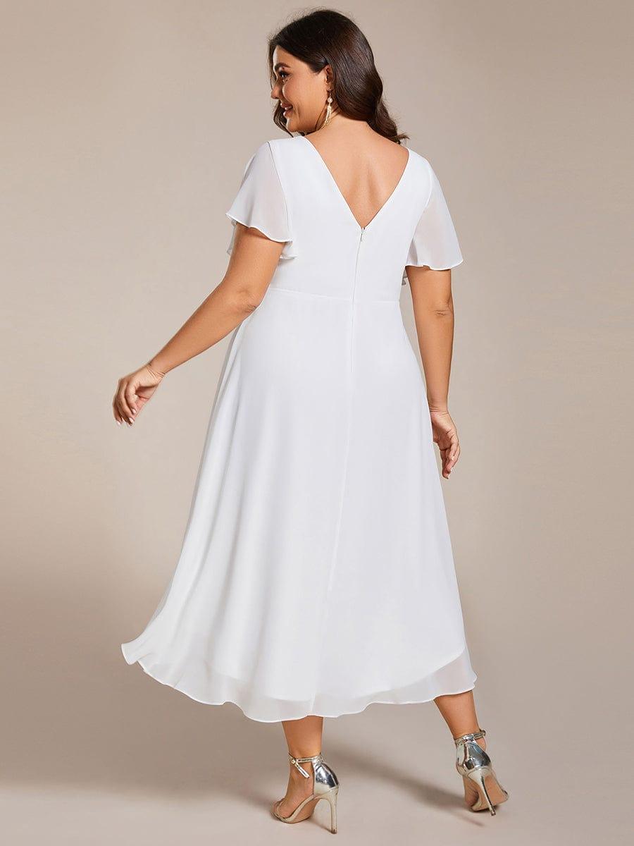 Plus Size Chiffon Double V-Neck Ruffle Sleeve Midi Wedding Guest Dress