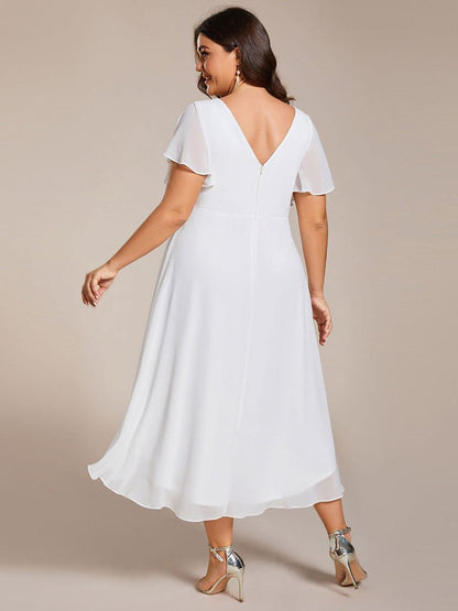 Plus Size Chiffon Double V-Neck Ruffle Sleeve Midi Wedding Guest Dress