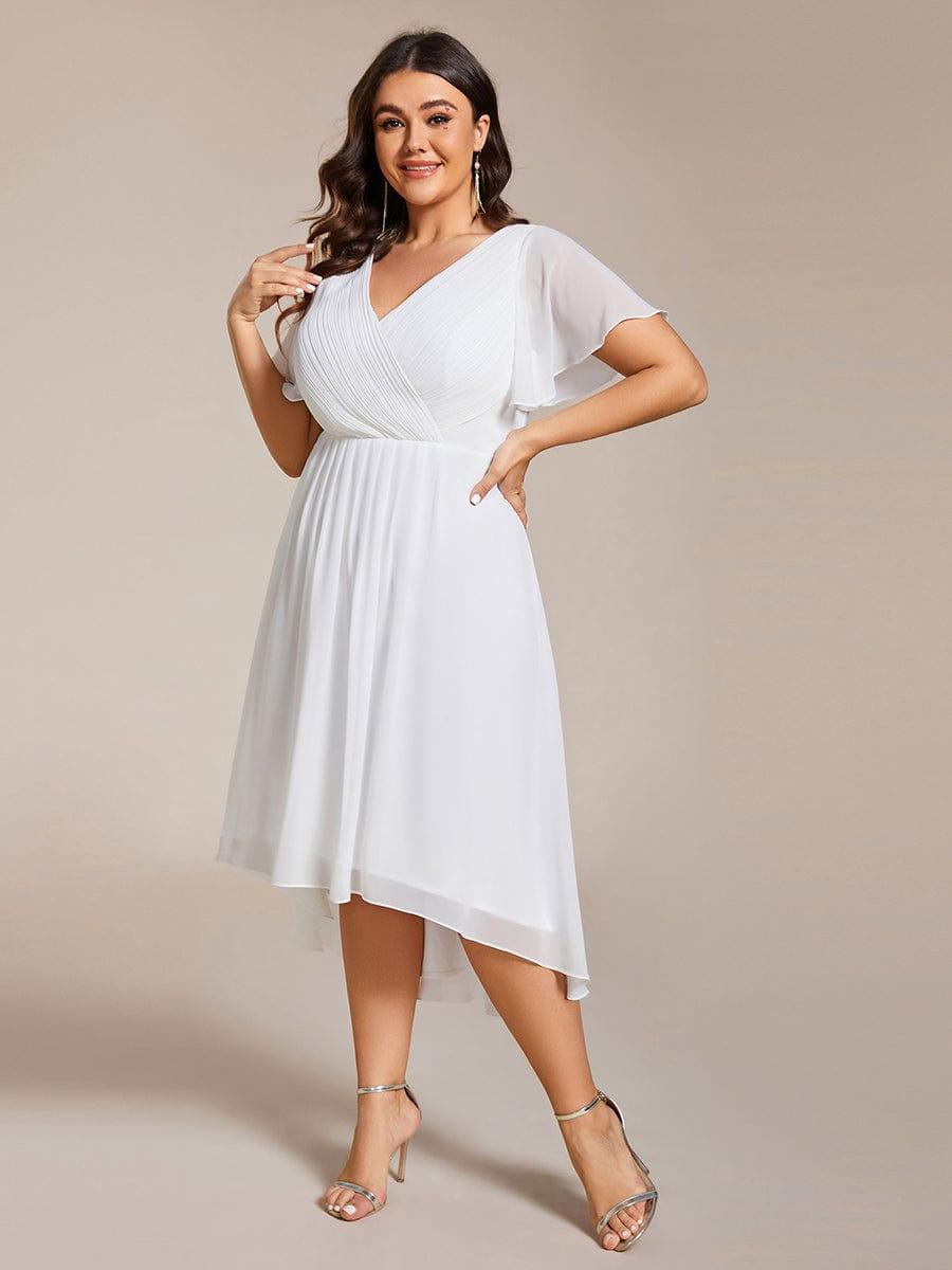 Plus Size Chiffon Double V-Neck Ruffle Sleeve Midi Wedding Guest Dress