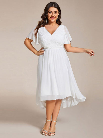 Plus Size Chiffon Double V-Neck Ruffle Sleeve Midi Wedding Guest Dress