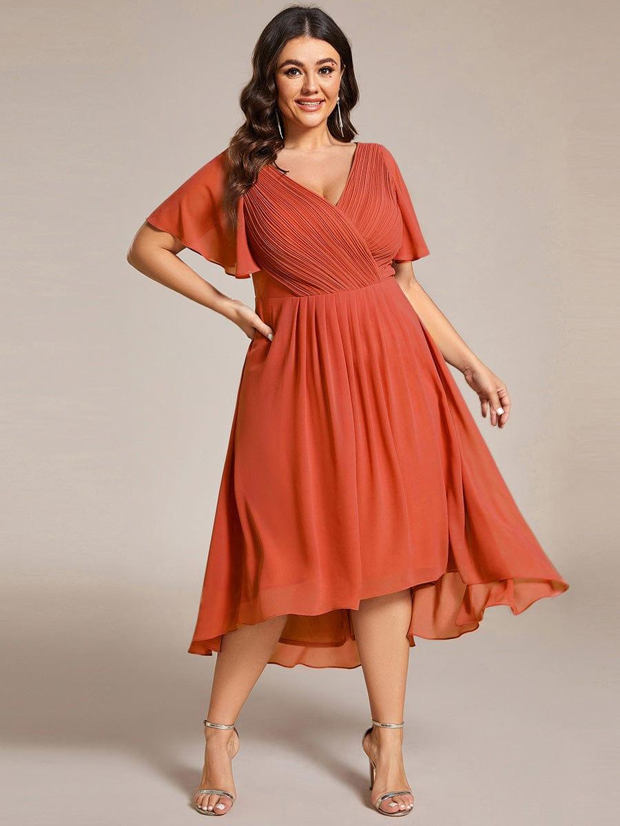 Plus Size Chiffon Double V-Neck Ruffle Sleeve Midi Wedding Guest Dress — Burnt Orange