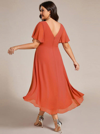 Plus Size Chiffon Double V-Neck Ruffle Sleeve Midi Wedding Guest Dress