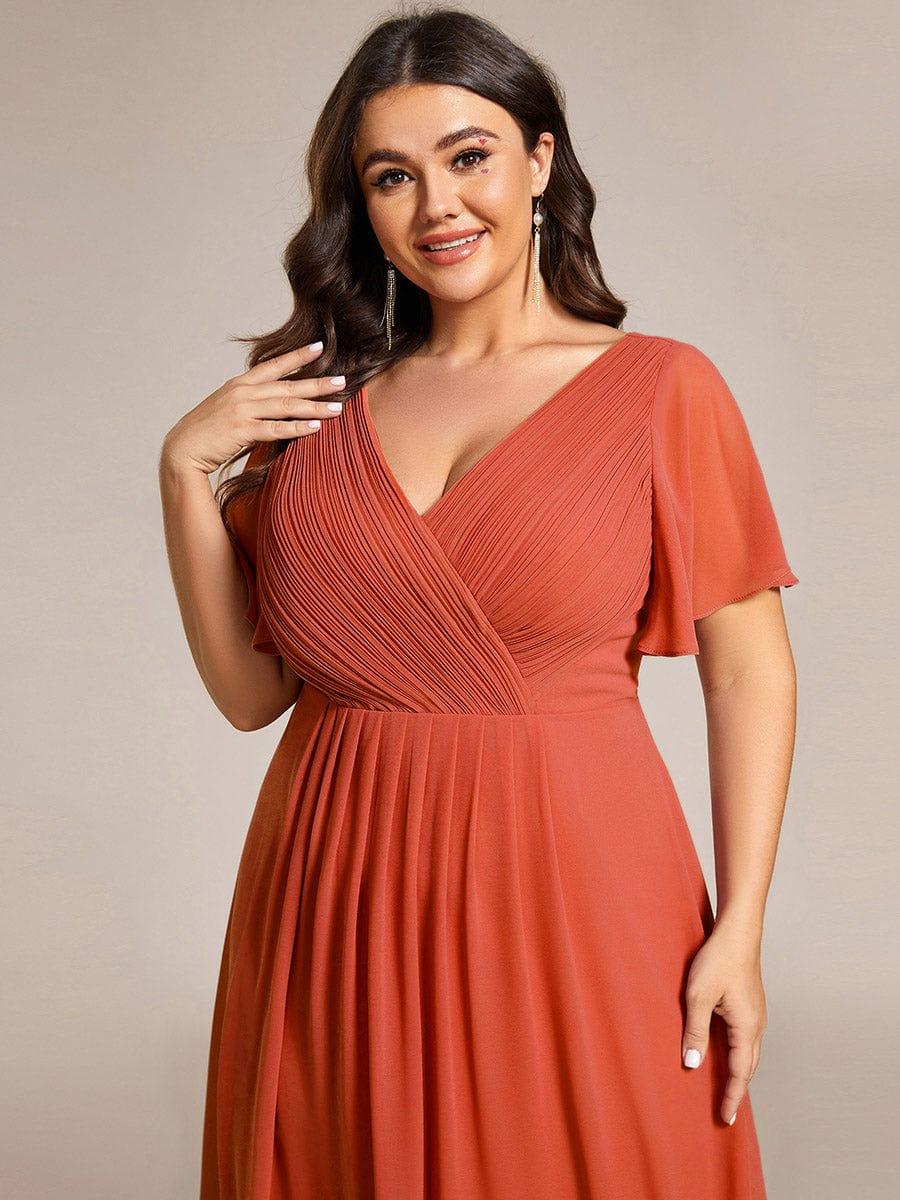Plus Size Chiffon Double V-Neck Ruffle Sleeve Midi Wedding Guest Dress