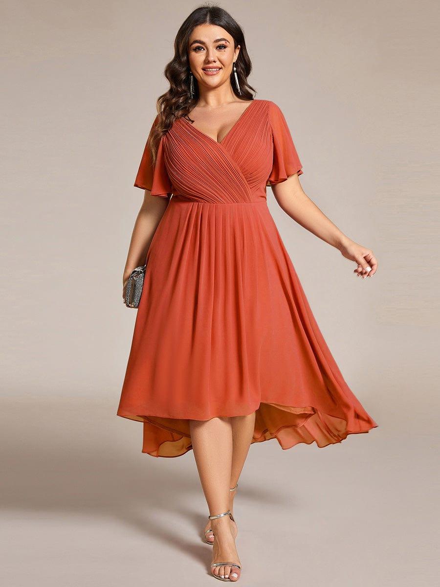 Plus Size Chiffon Double V-Neck Ruffle Sleeve Midi Wedding Guest Dress