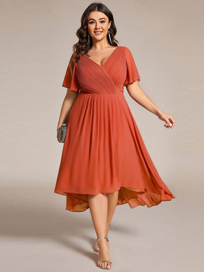 Plus Size Chiffon Double V-Neck Ruffle Sleeve Midi Wedding Guest Dress