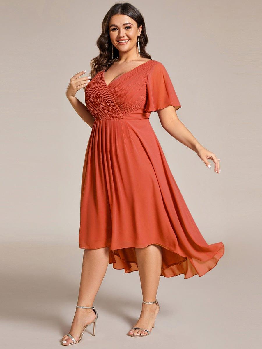 Plus Size Chiffon Double V-Neck Ruffle Sleeve Midi Wedding Guest Dress