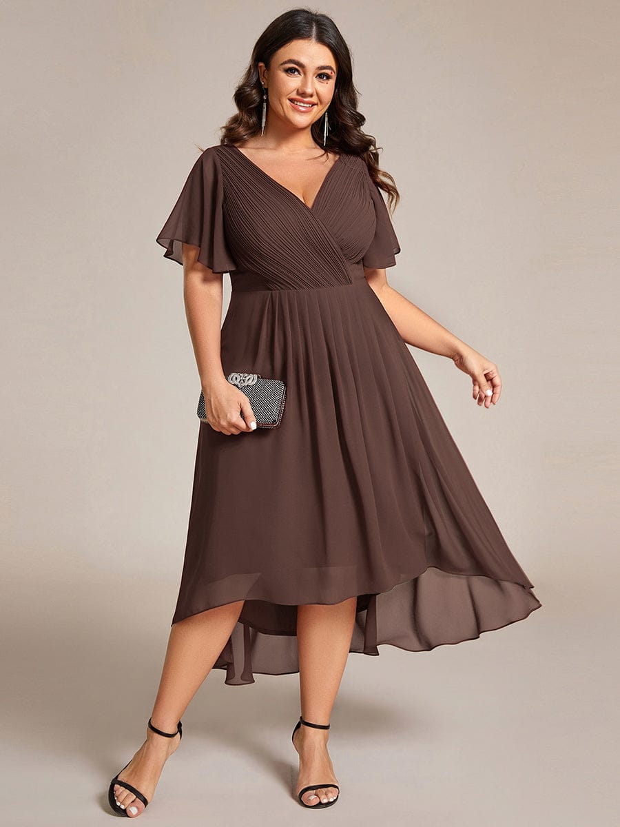 Plus Size Chiffon Double V-Neck Ruffle Sleeve Midi Wedding Guest Dress