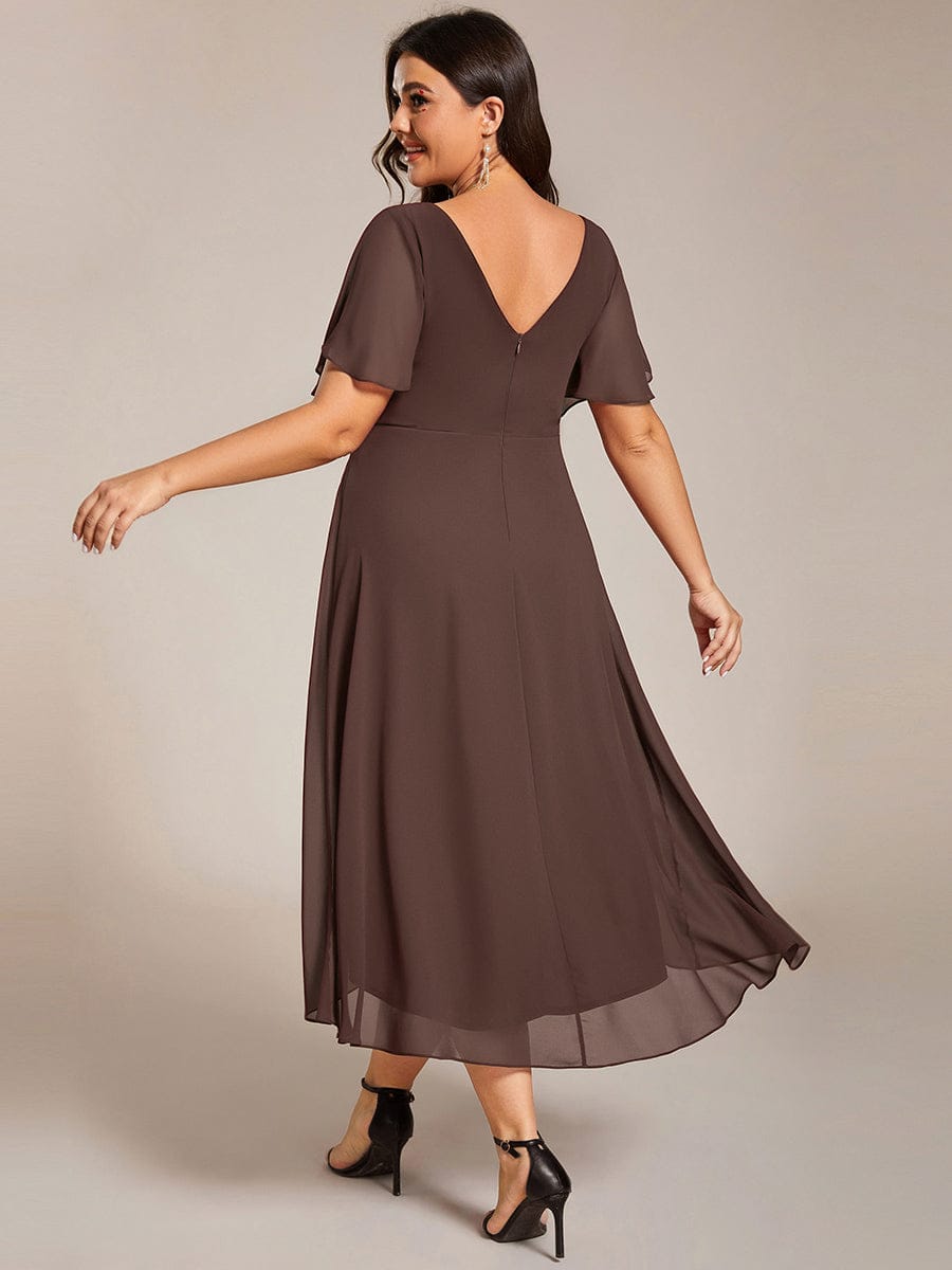 Plus Size Chiffon Double V-Neck Ruffle Sleeve Midi Wedding Guest Dress