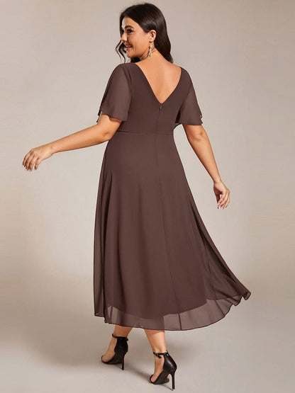 Plus Size Chiffon Double V-Neck Ruffle Sleeve Midi Wedding Guest Dress