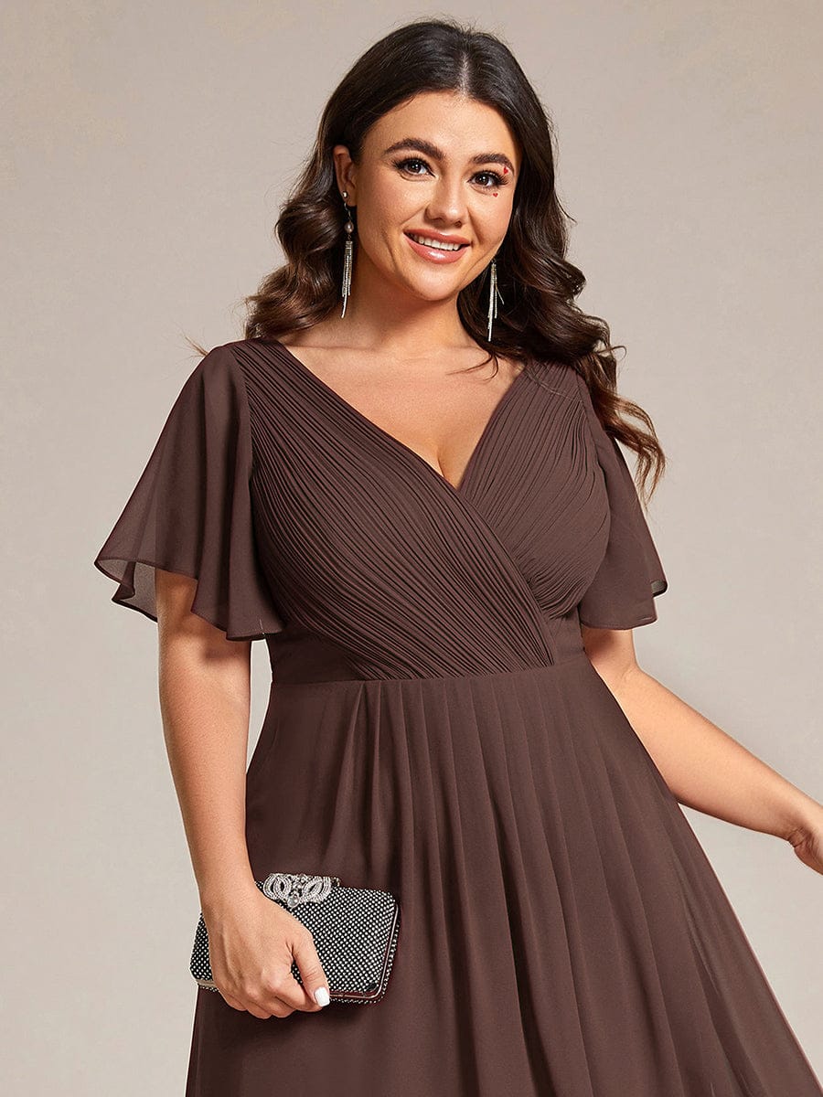 Plus Size Chiffon Double V-Neck Ruffle Sleeve Midi Wedding Guest Dress