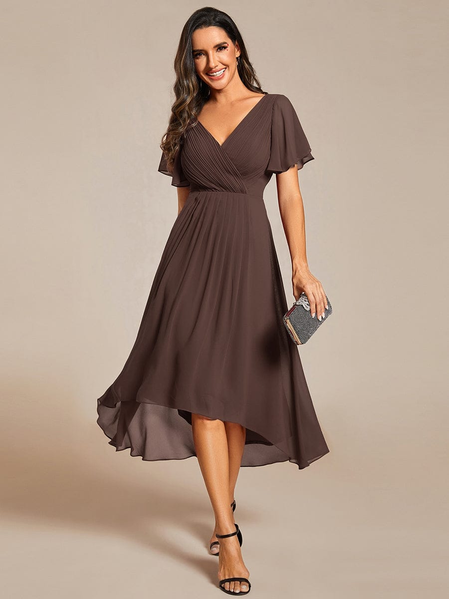 Plus Size Chiffon Double V-Neck Ruffle Sleeve Midi Wedding Guest Dress — Espresso