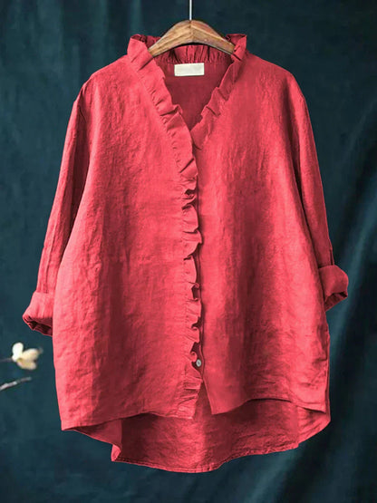Felicia | Casual Ruffle V-Neck Blouse — Red — Alfa Empire, view 1