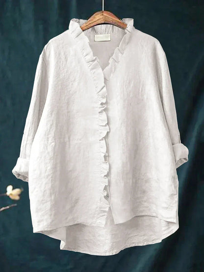 Felicia | Casual Ruffle V-Neck Blouse — White — Alfa Empire, view 2