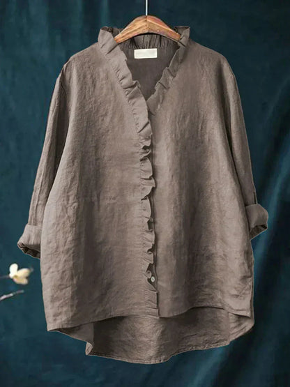 Felicia | Casual Ruffle V-Neck Blouse — Dark Gray — Alfa Empire, view 3