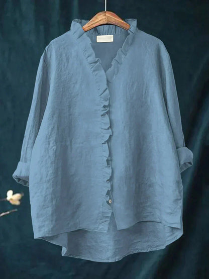 Felicia | Casual Ruffle V-Neck Blouse — Blue — Alfa Empire, view 5