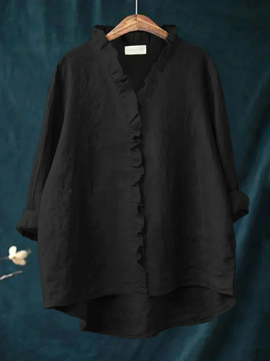 Felicia | Casual Ruffle V-Neck Blouse — Black — Alfa Empire, view 6