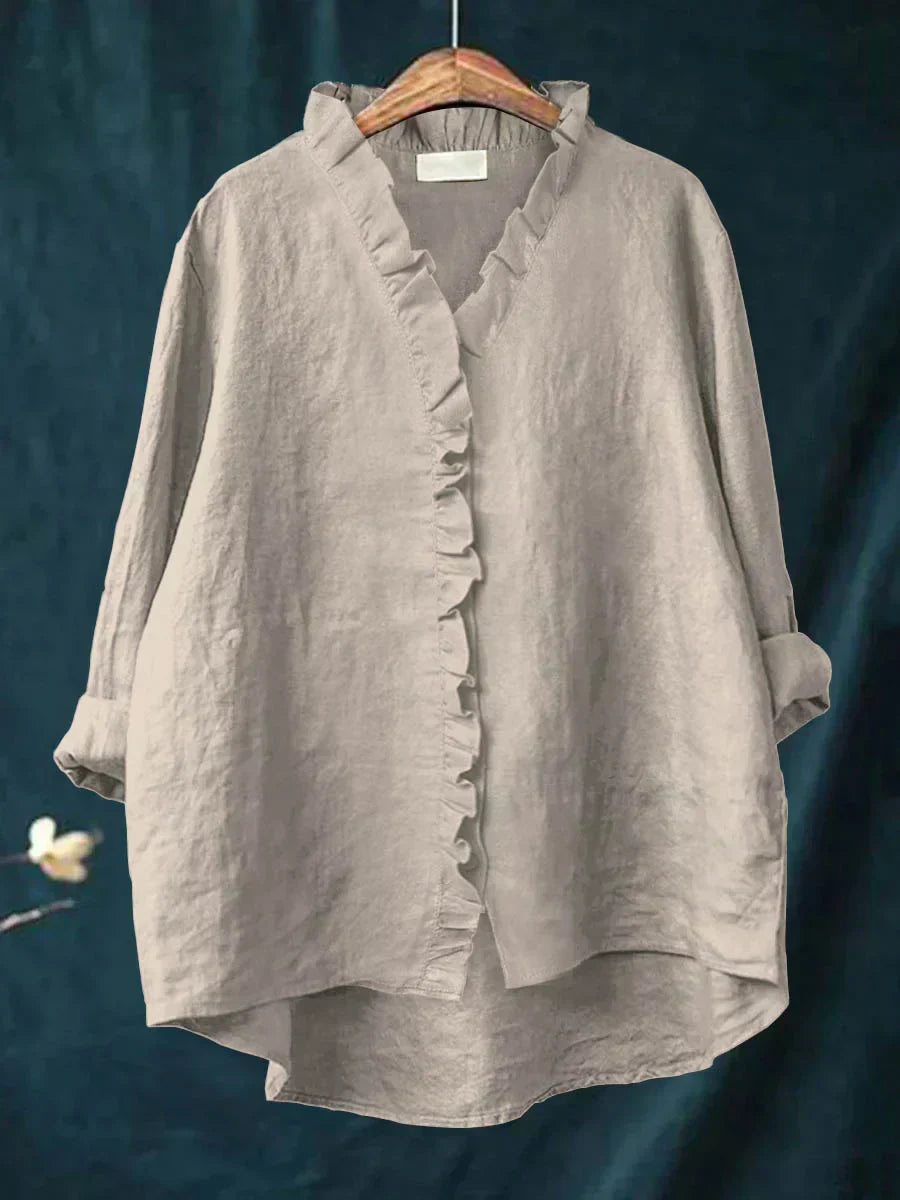 Felicia | Casual Ruffle V-Neck Blouse — Gray — Alfa Empire, view 7