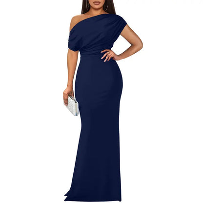 Felicity | Refined Off-Shoulder Evening Dress — Navy Blue — Alfa Empire, view 6