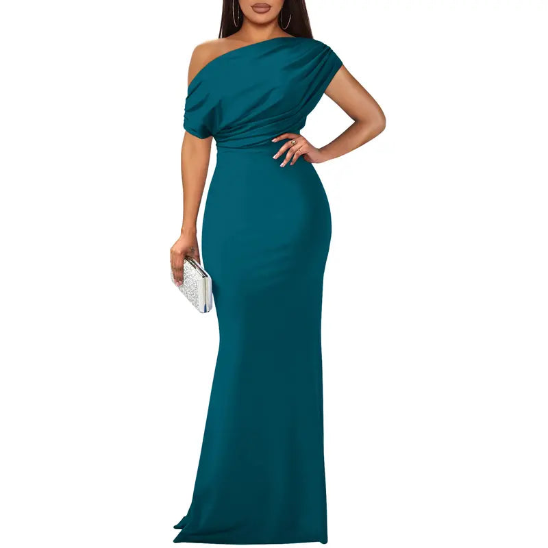 Felicity | Refined Off-Shoulder Evening Dress — Peacock Blue — Alfa Empire, view 9