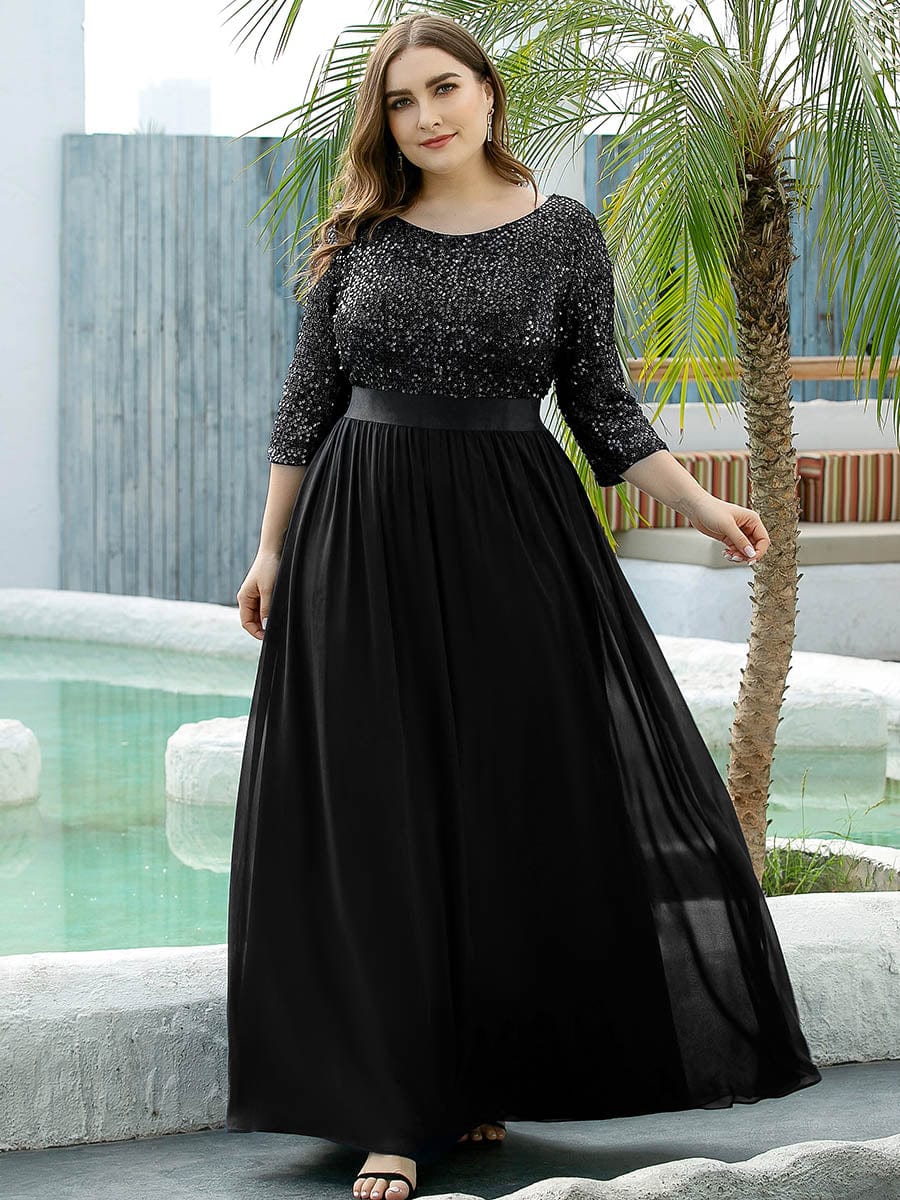 Plus Size Sequin 3/4 Sleeves Dress — Black