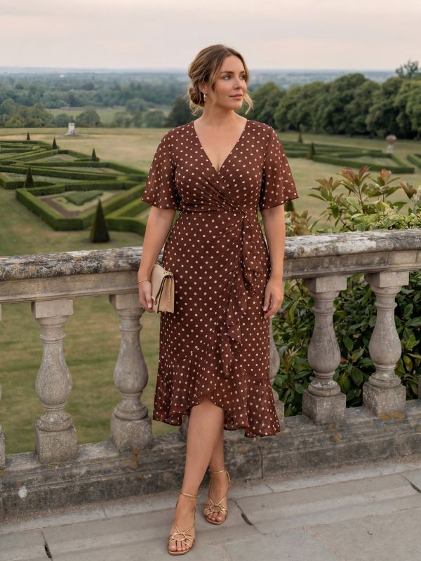 Plus Size Chiffon Printed Mermaid Wedding Guest Dress — Brown Polka Dots
