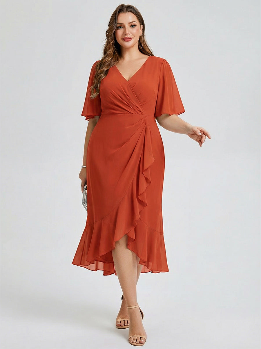 Plus Size Chiffon Printed Mermaid Wedding Guest Dress — Burnt Orange