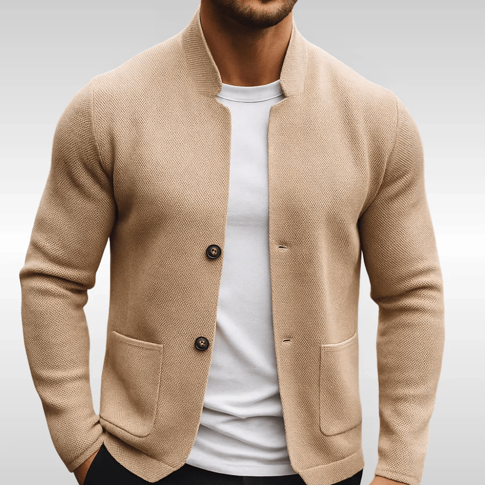 Frederick | Classic Textured Pocket Cardigan — Beige — Alfa Empire, view 3
