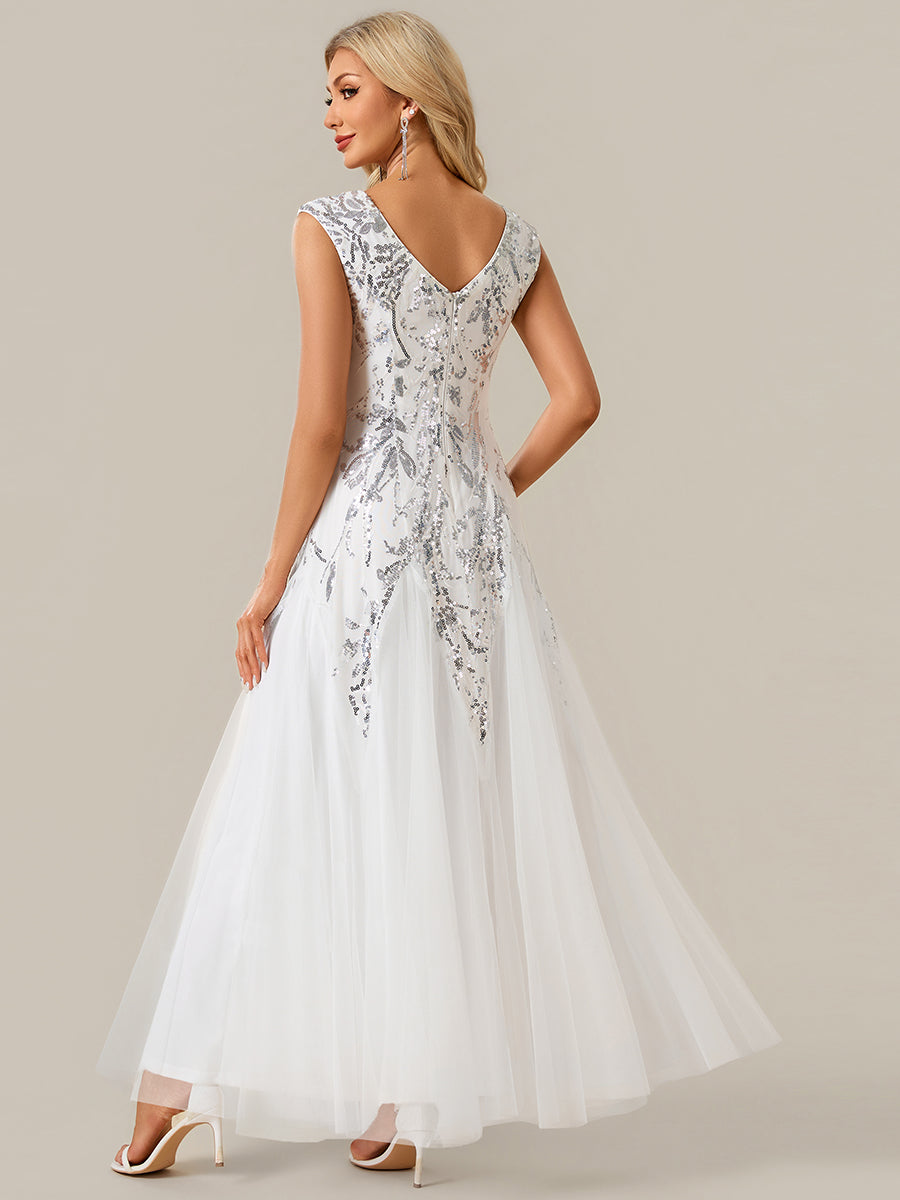 Sequin Embroidered Cap Sleeve High Stretch Evening Dress