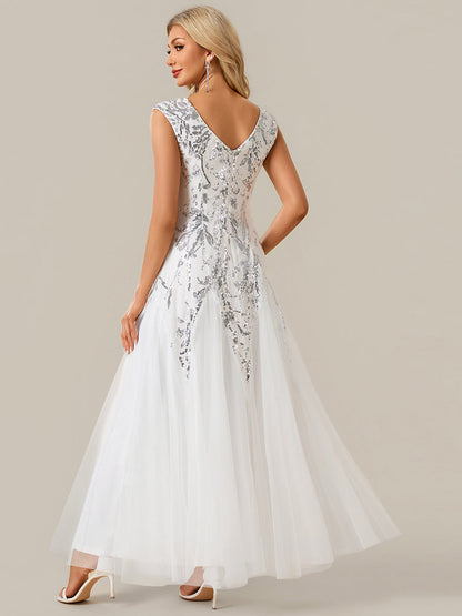 Sequin Embroidered Cap Sleeve High Stretch Evening Dress