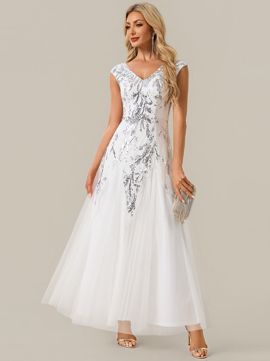 Sequin Embroidered Cap Sleeve High Stretch Evening Dress