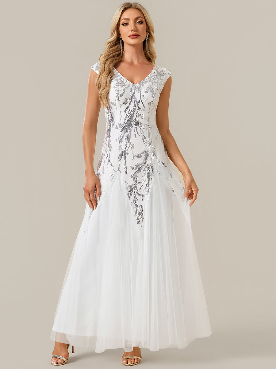 Sequin Embroidered Cap Sleeve High Stretch Evening Dress