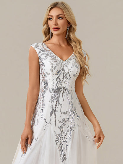 Sequin Embroidered Cap Sleeve High Stretch Evening Dress