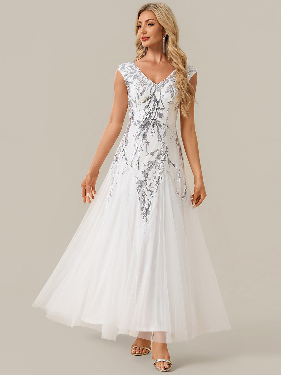 Sequin Embroidered Cap Sleeve High Stretch Evening Dress