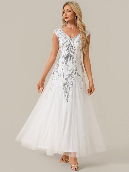 Sequin Embroidered Cap Sleeve High Stretch Evening Dress