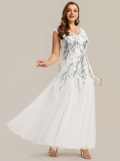 Sequin Embroidered Cap Sleeve High Stretch Evening Dress