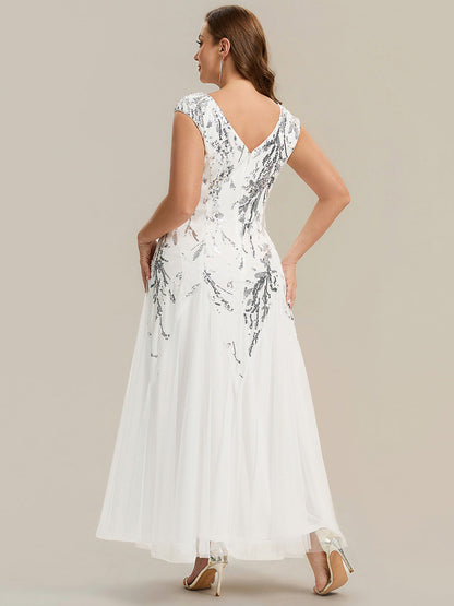 Sequin Embroidered Cap Sleeve High Stretch Evening Dress