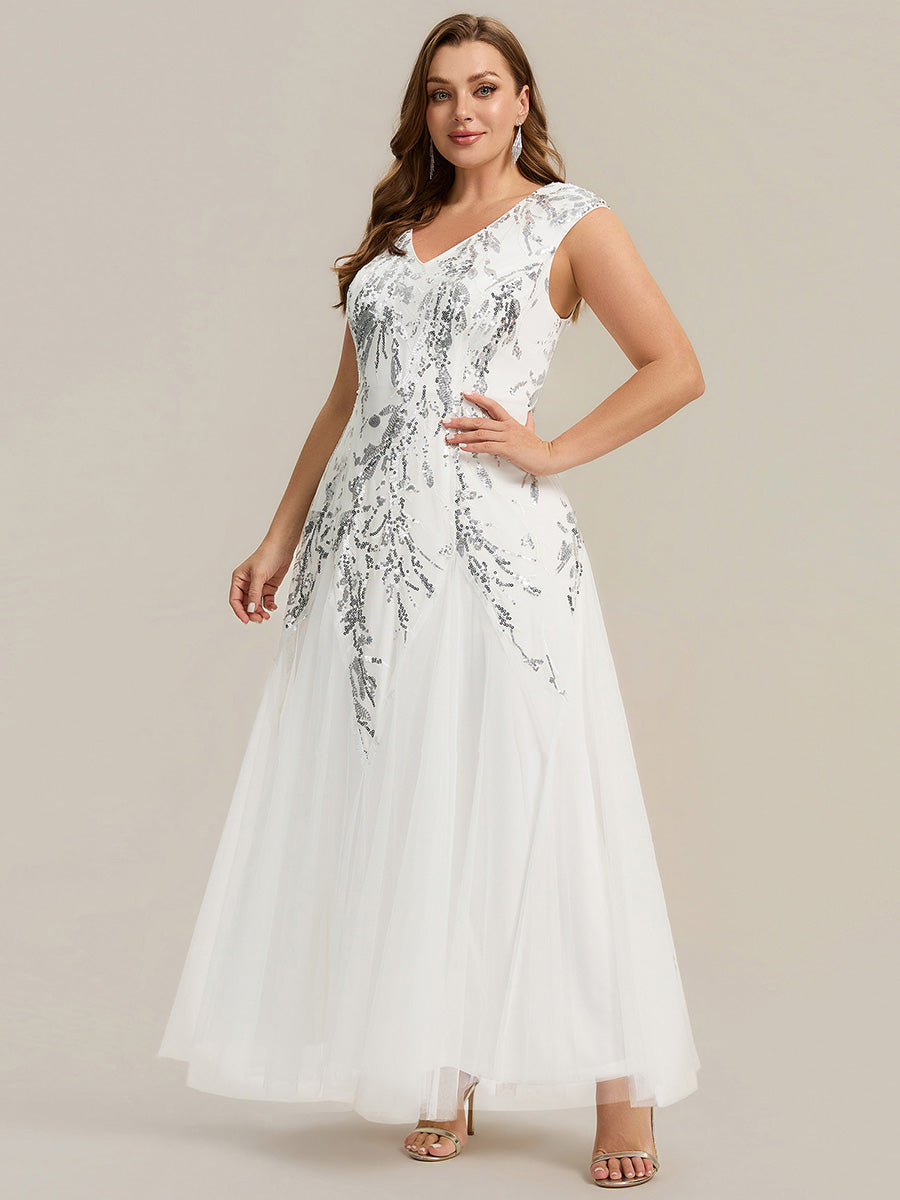 Sequin Embroidered Cap Sleeve High Stretch Evening Dress